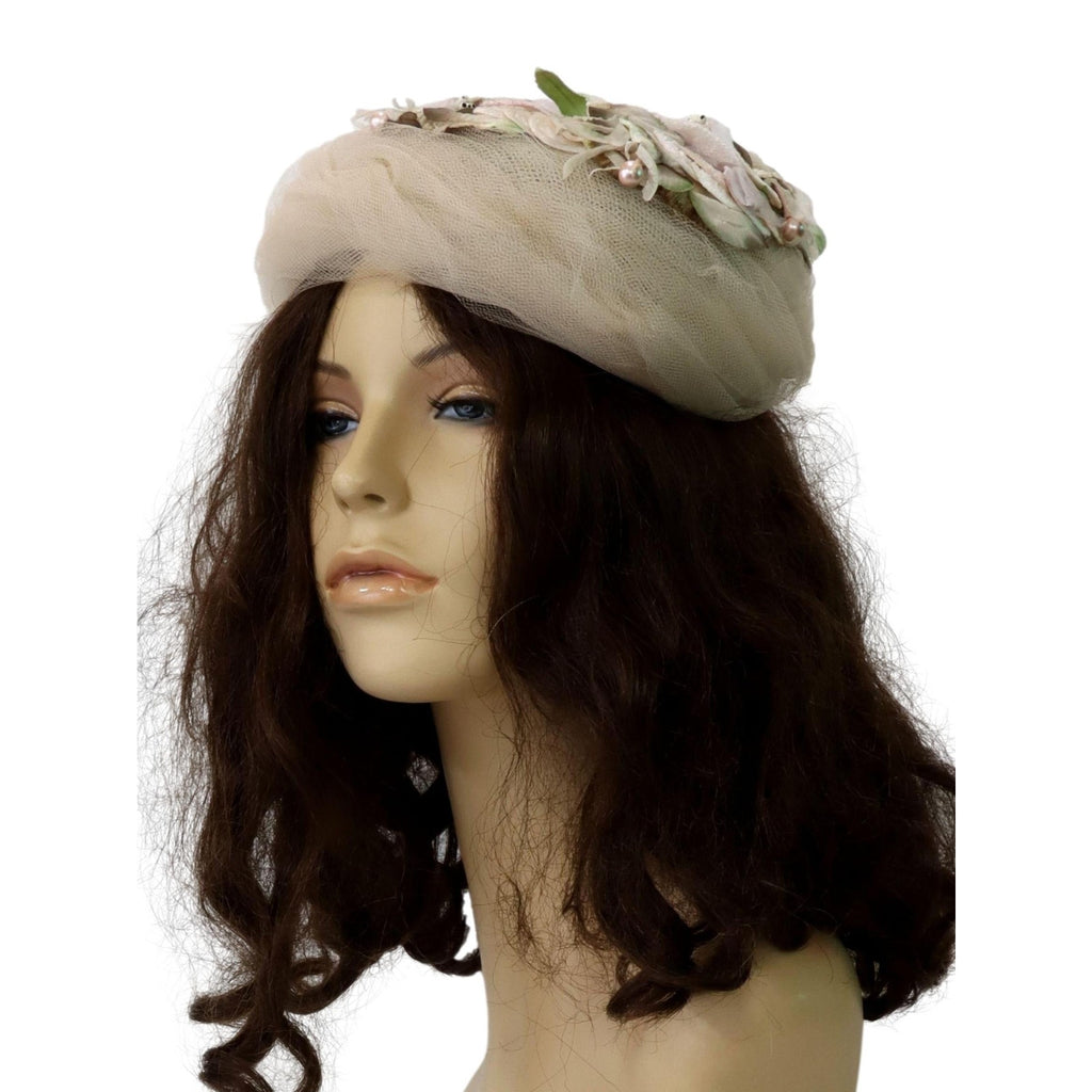 Vintage 1950s Ivory Floral Turban Hat with Tulle & Netting