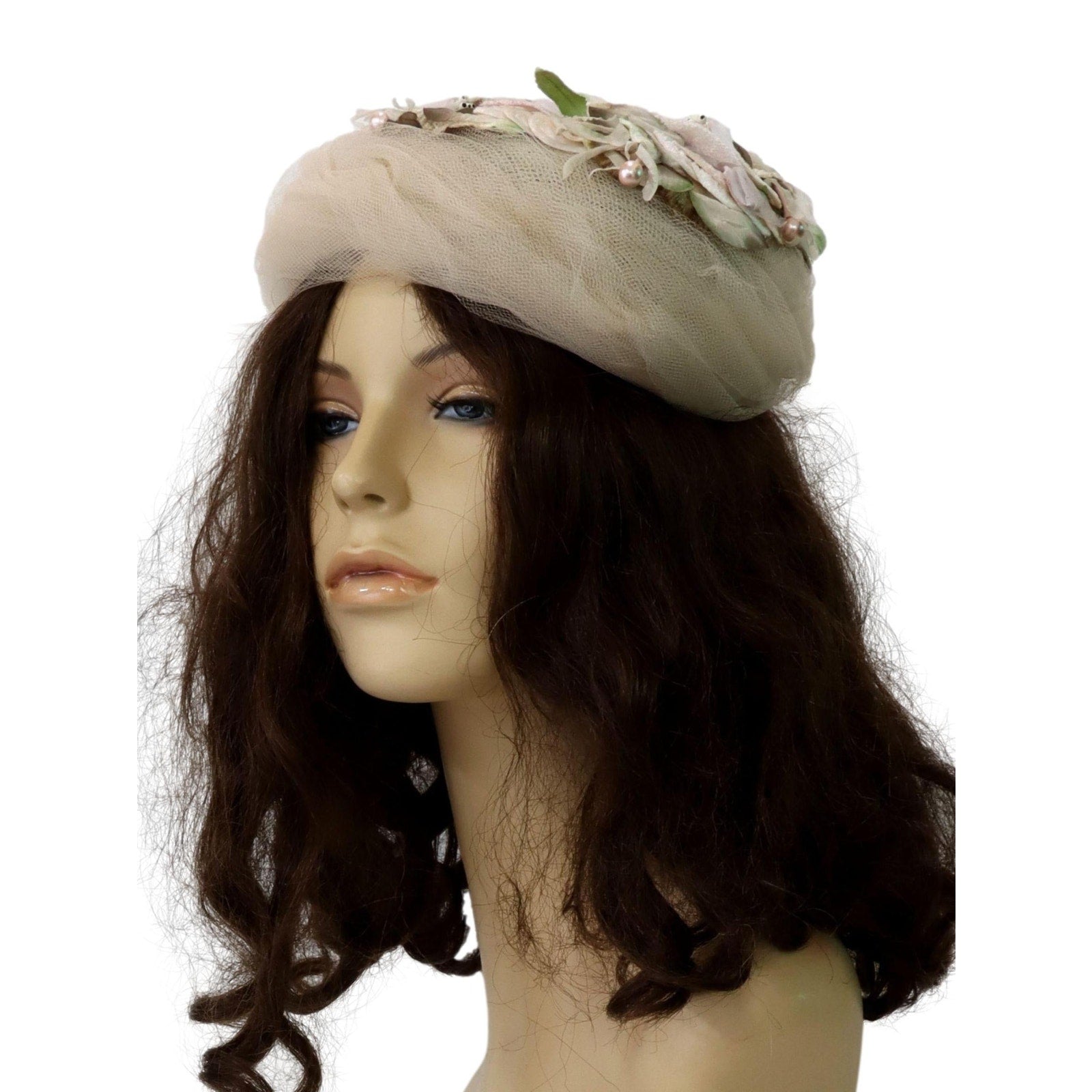 Vintage 1950s Ivory Floral Turban Hat with Tulle & Netting