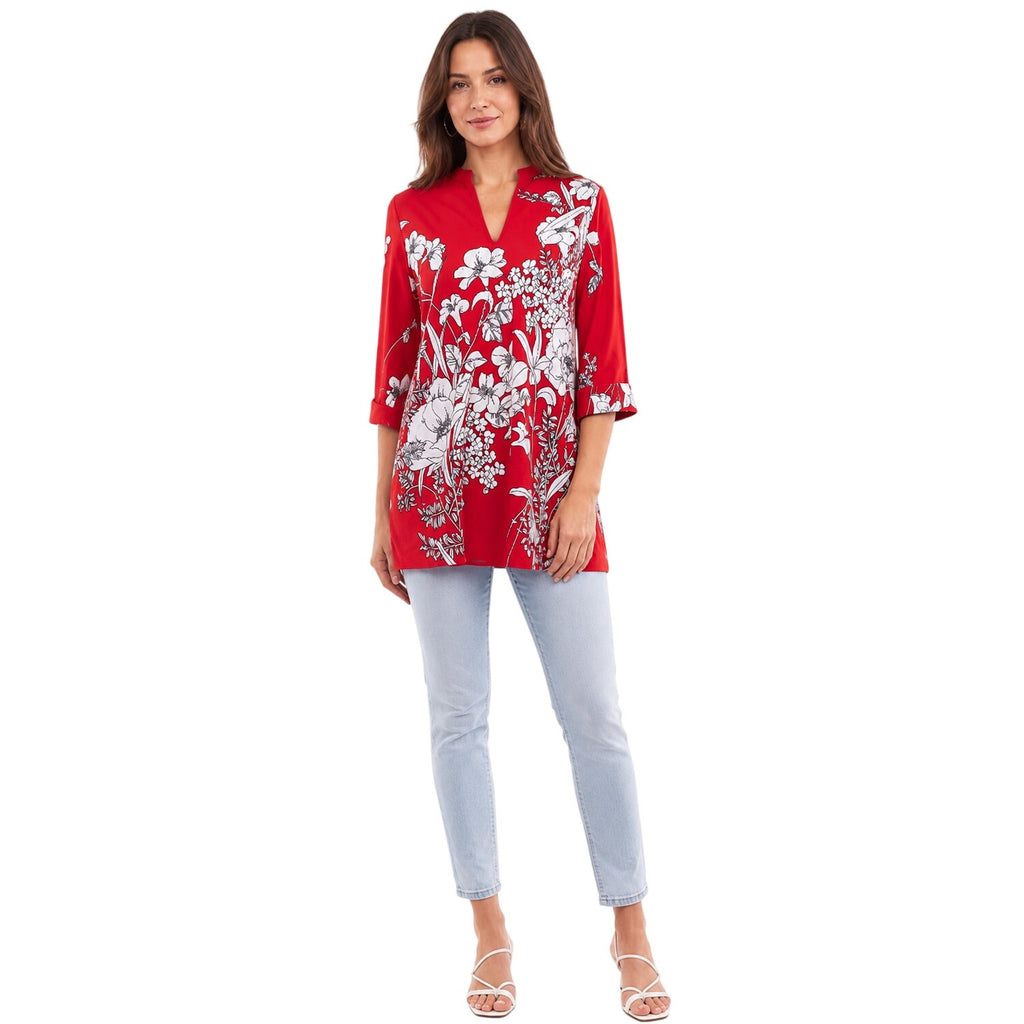 Vintage 80s Teddi Red White Floral Tricot Knit Tunic Top Women's S/M