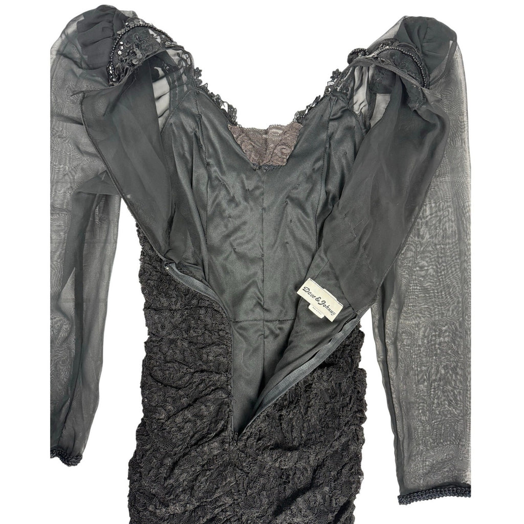 Vintage Y2K Dave & Johnny Black Lace Beaded Ruched Sheer Sleeve Dress Size 5/6