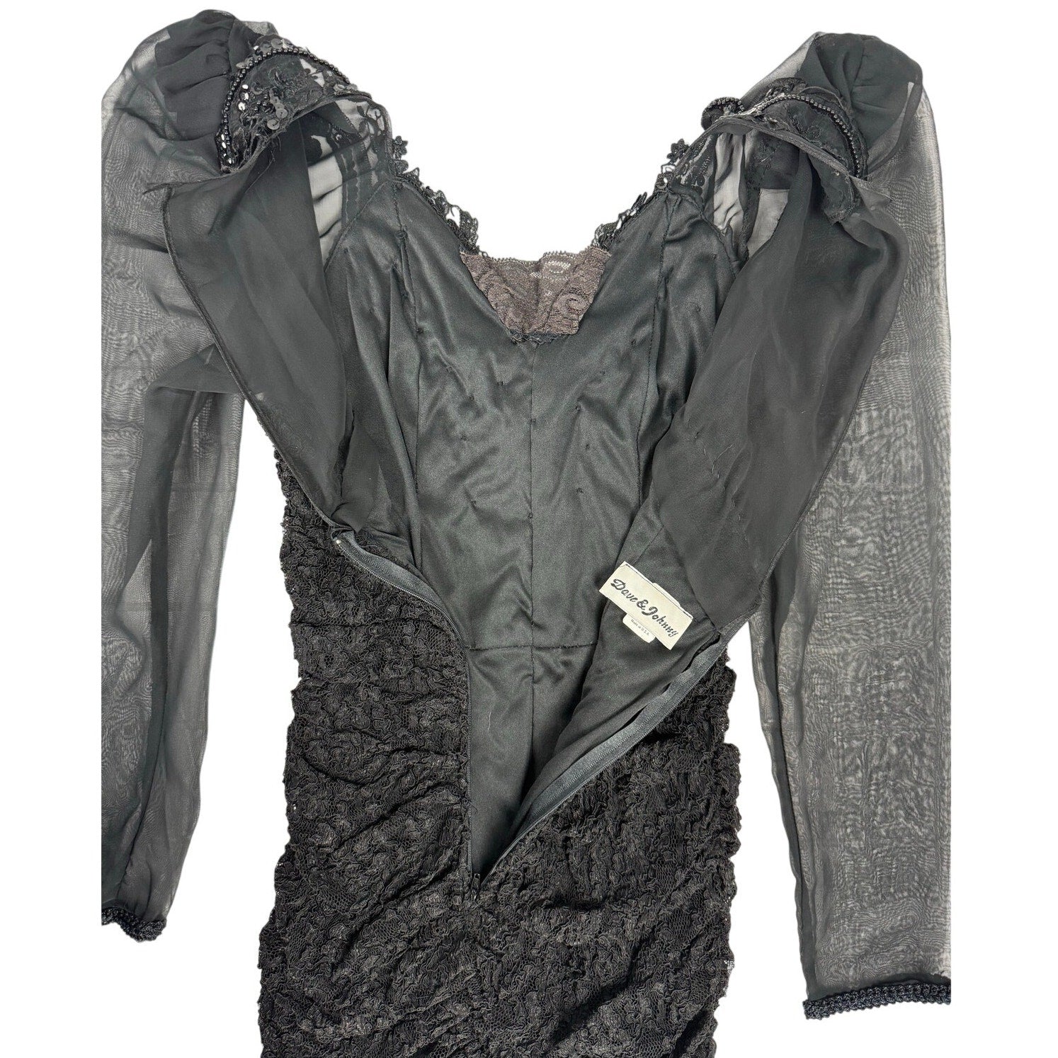 Vintage Y2K Dave & Johnny Black Lace Beaded Ruched Sheer Sleeve Dress Size 5/6