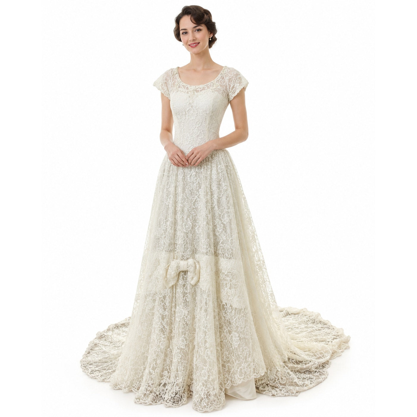 Vintage 1950s Lace Wedding Dress Train Off White Cap Sleeve Bridal Gown XS
