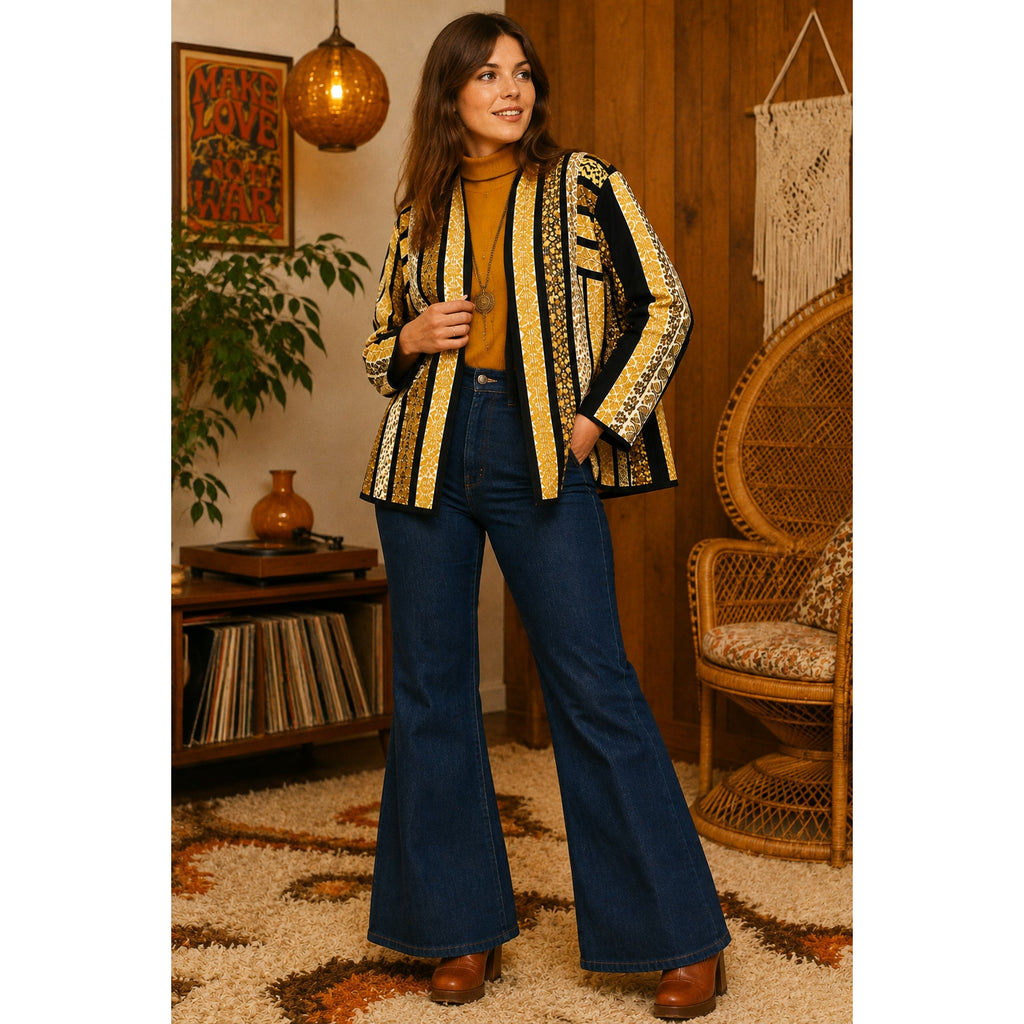Vintage 1970s Handmade Quilted Jacket Yellow Black Patchwork Women’s L/XL