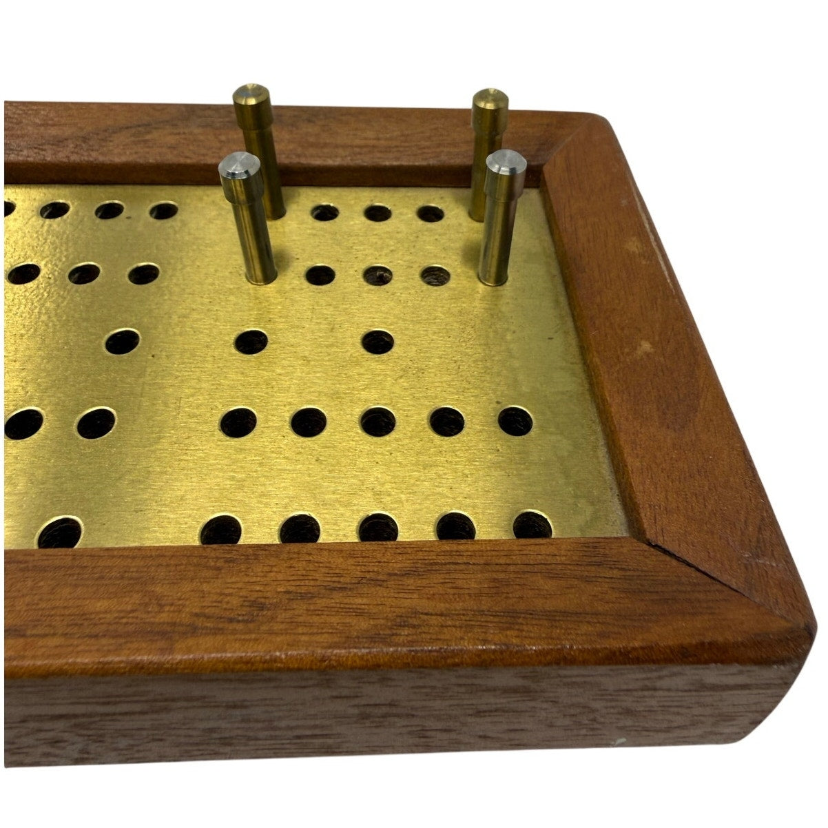 Vintage 60s Wood Metal Cribbage Game Board 15.5” Brass Peg Board MCM