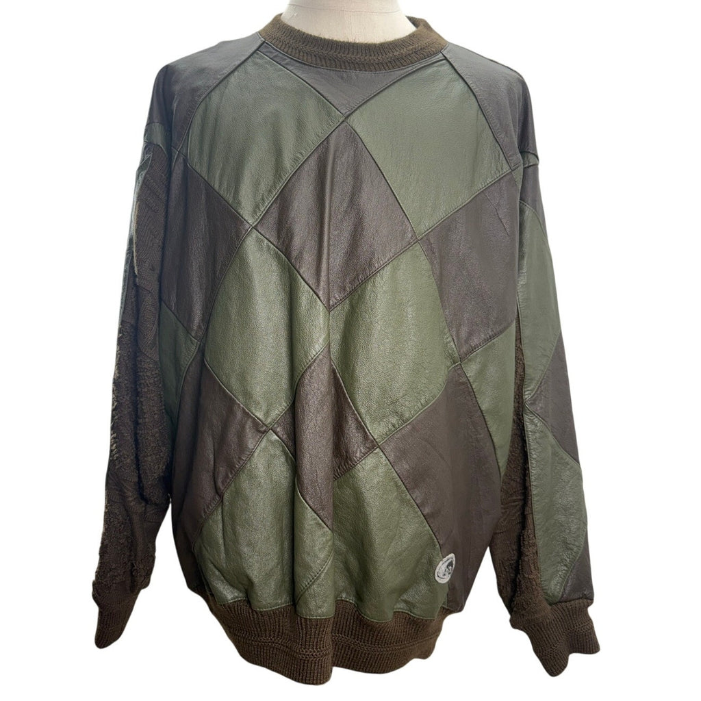 Vintage 80s Men's XL Patchwork Knit Sweater Blue Green Trutus Biancarra