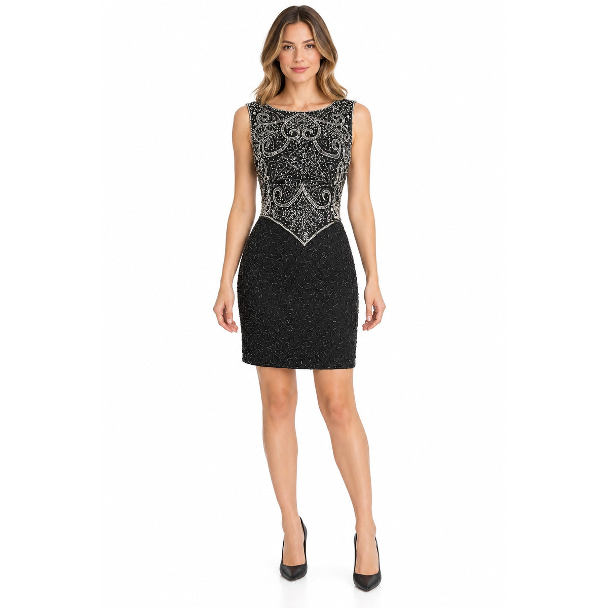 Vintage 80s Lawrence Kazar Black Beaded Silk Sheath Dress Women's Small