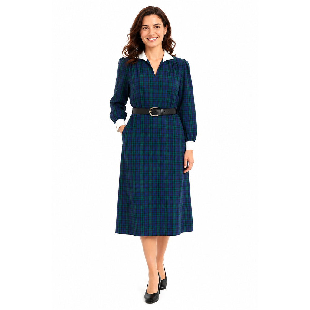 Vintage 70s Home Sewn Plaid Midi Dress Navy Green Cotton Pockets Women's Large