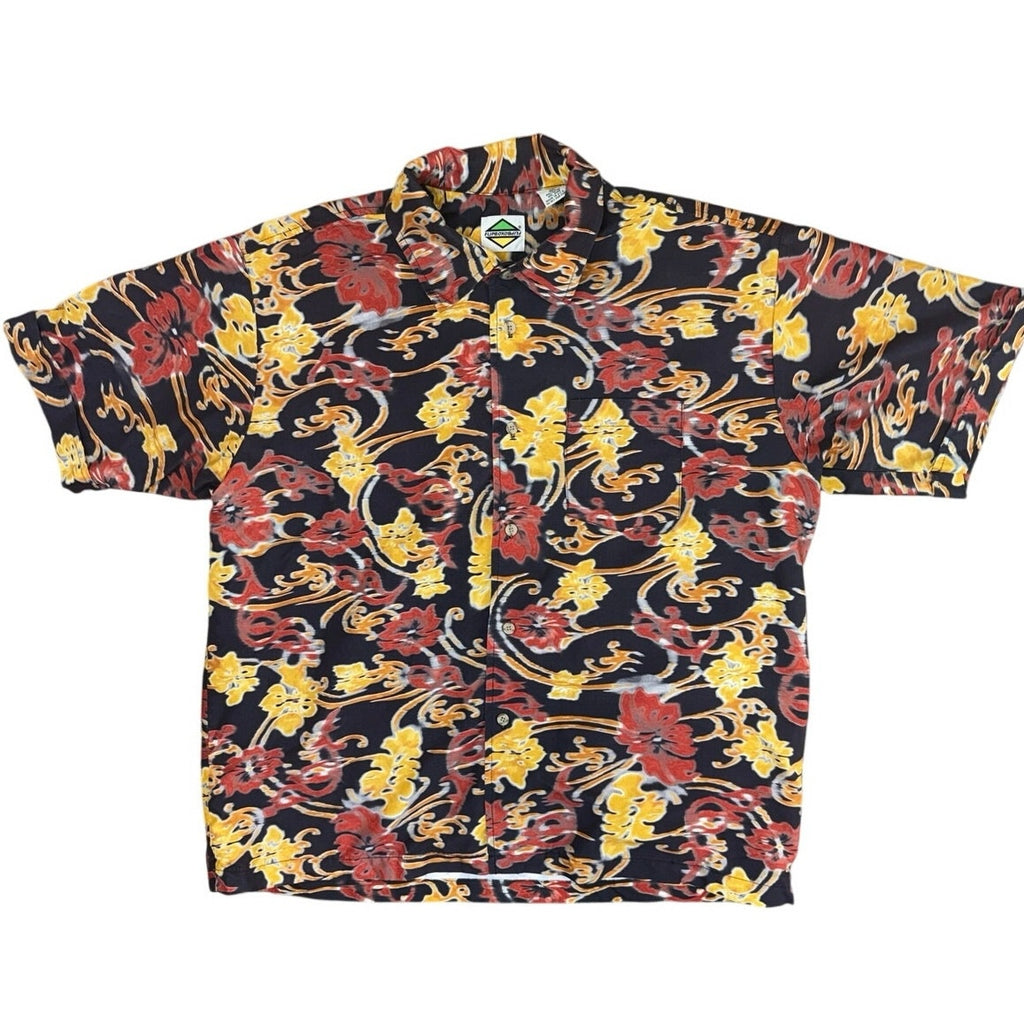 Vintage 80s Men's XLFlip Box Abstract Floral Button Down Shirt Black Polyester