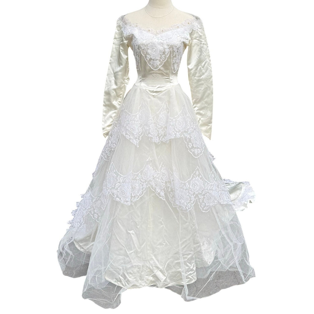 Vintage 50s Women's XS Wedding Dress Satin Lace and Chapel Train Sylvia Ann