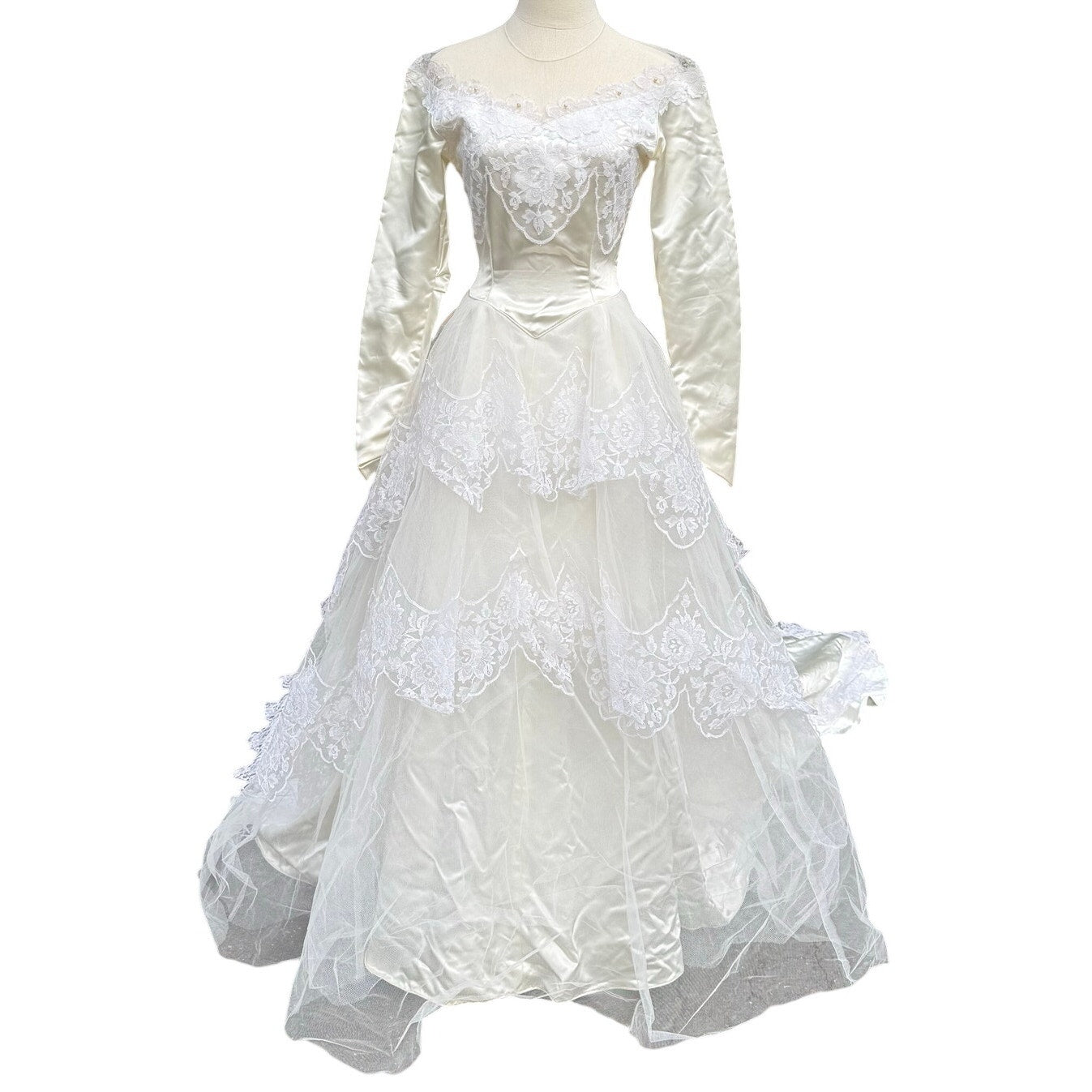 Vintage 50s Women's XS Wedding Dress Satin Lace and Chapel Train Sylvia Ann