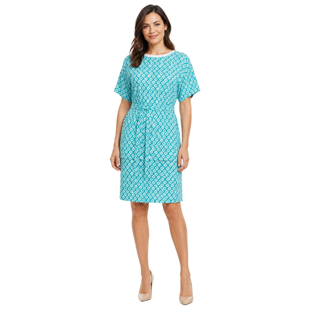 Vintage 80s Aquamarine Geometric Jersey Knit Belted Midi Dress M