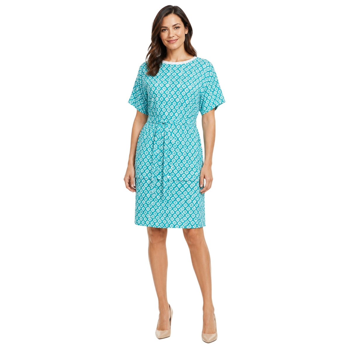 Vintage 80s Aquamarine Geometric Jersey Knit Belted Midi Dress M