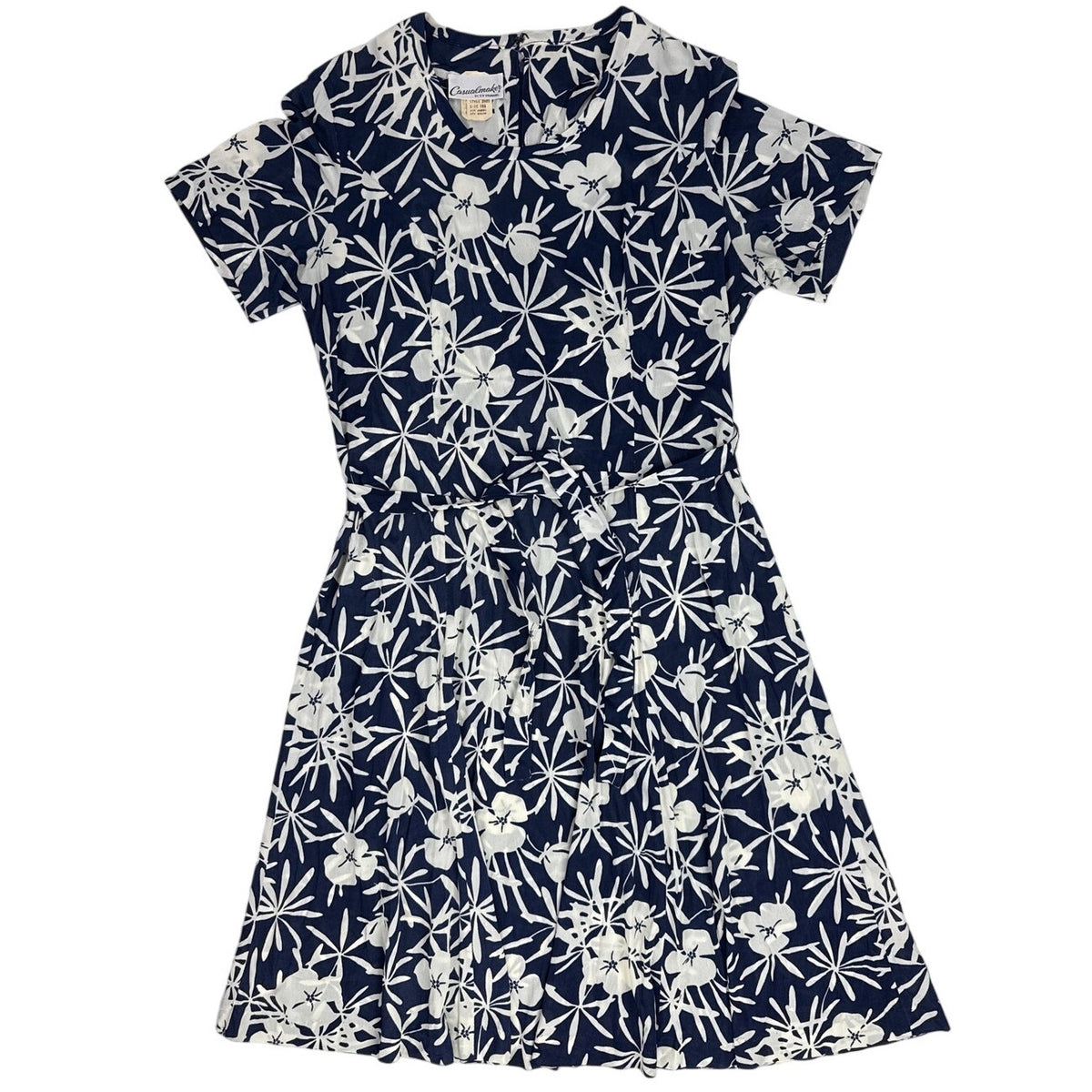 Vintage 70s Casualmaker Navy White Floral Knit Belted Dress Modern M/L