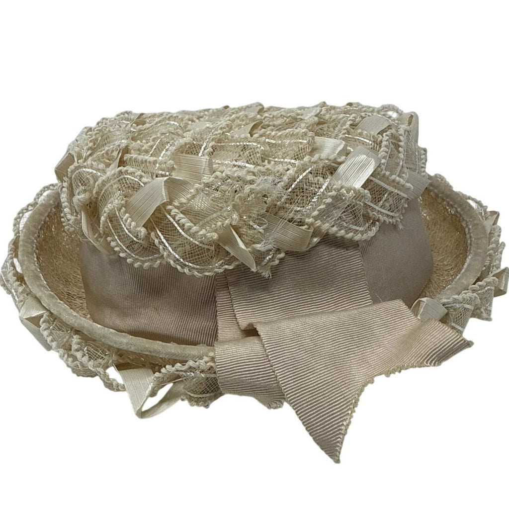 Vintage 1960s Beige Raffia Pillbox Hat with Netting Union Made 7 US