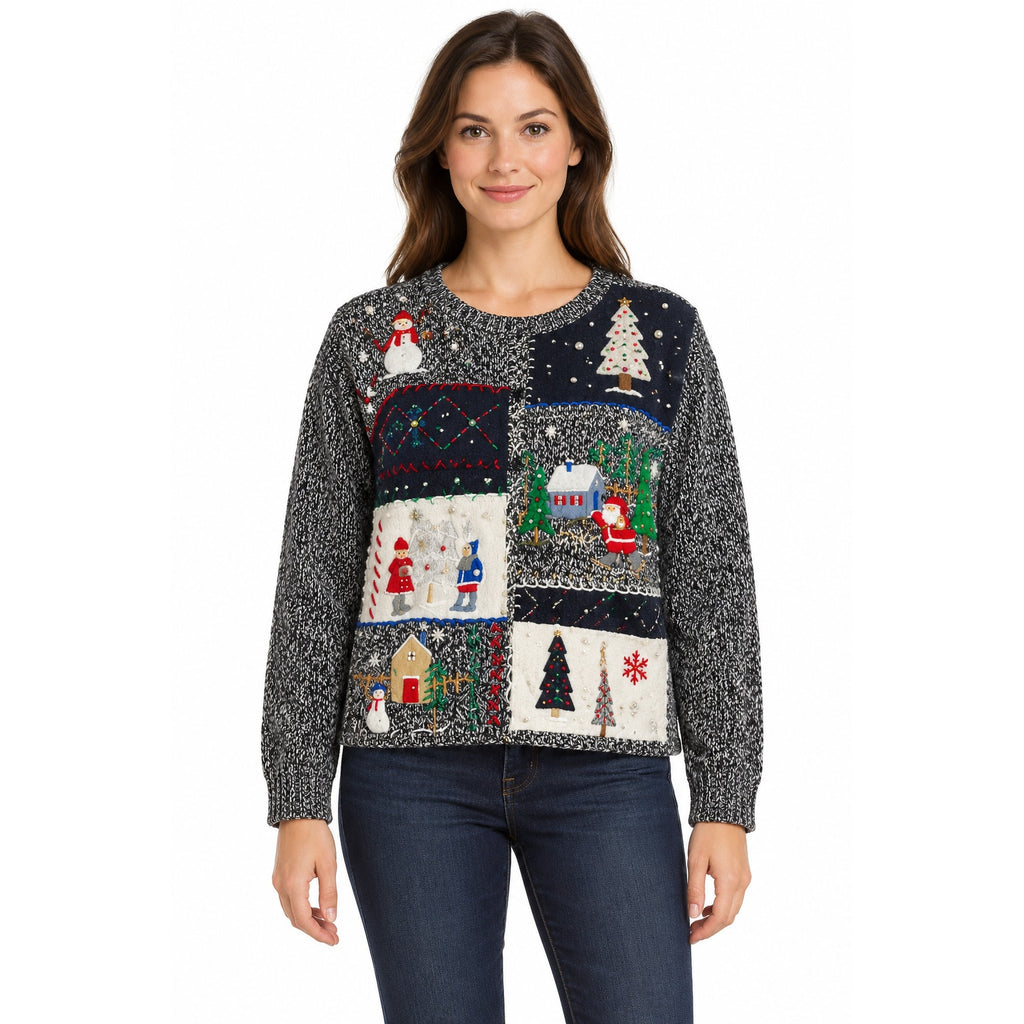 80s Style Erika Black White Beaded Christmas Patchwork Sweater Women's Large