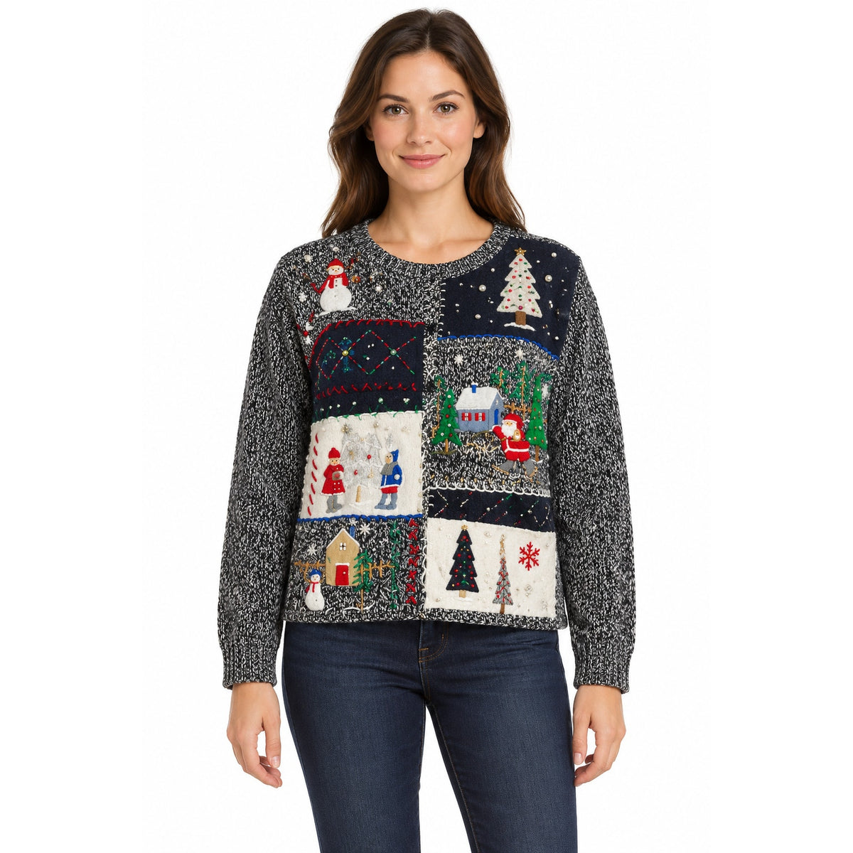 80s Style Erika Black White Beaded Christmas Patchwork Sweater Women's Large