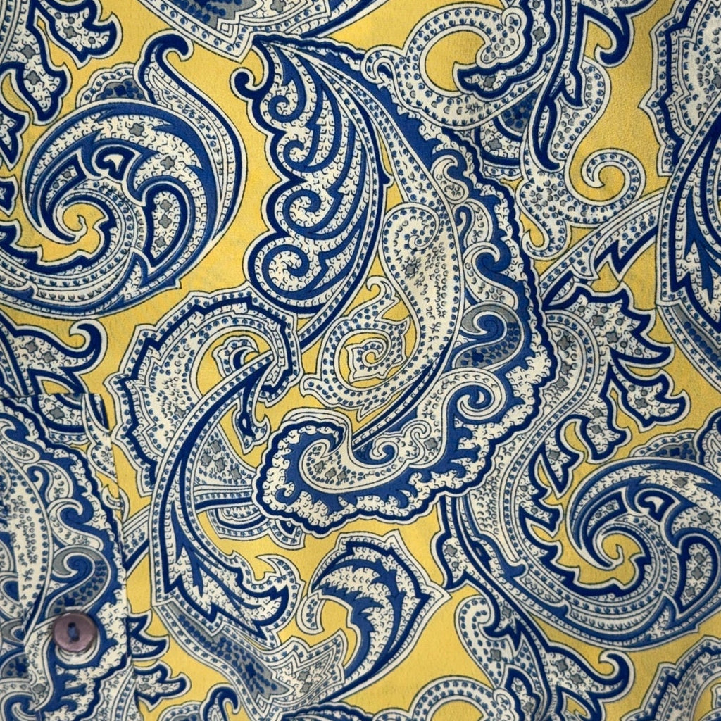 Vintage 80s Paisley Blouse USA Medium Blue Yellow Elastic Hem Draper's & Damon's