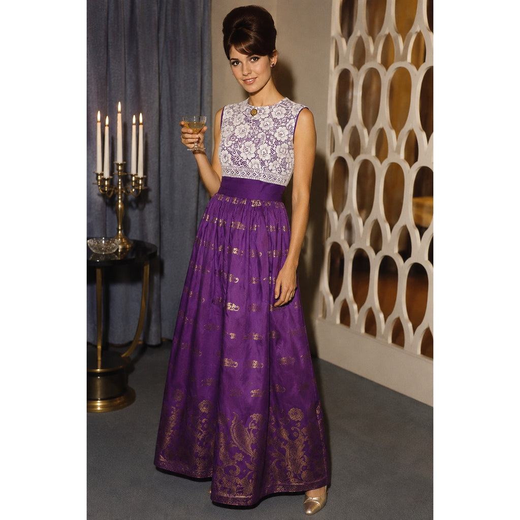 Vintage 60s Purple Lace Maxi Dress Gold Metallic Formal Home Sewn Small