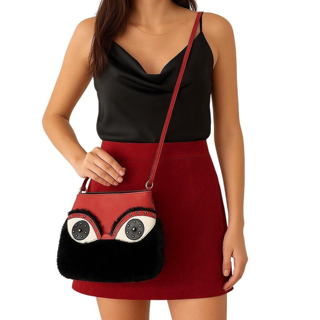 Vintage 90 Sharif Handbag Leather Crossbody Red Black Beaded Eye Appliqué