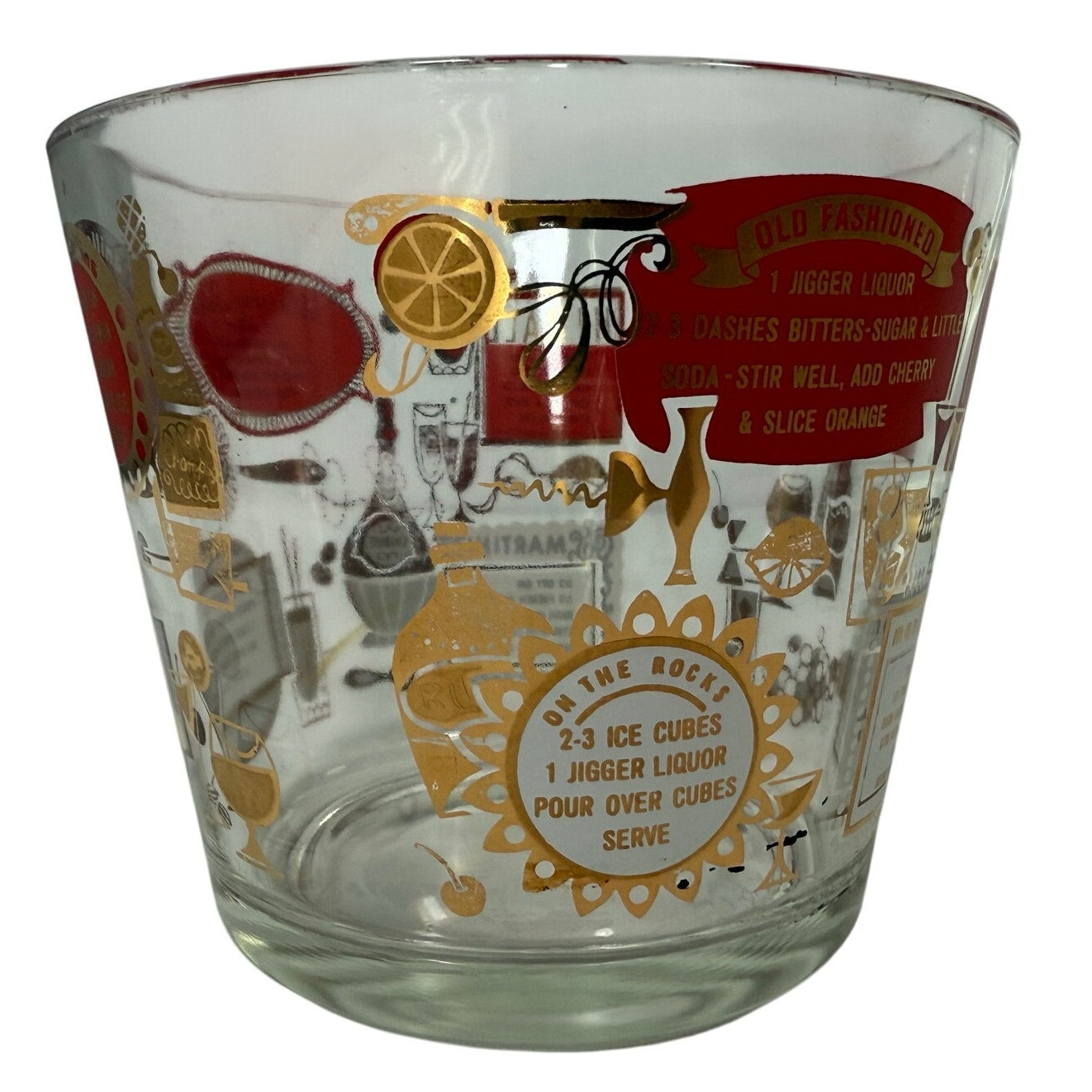 Vintage Jeannette Cocktail Ice Bucket 6” Barware Red & Gold Mid-Century Style