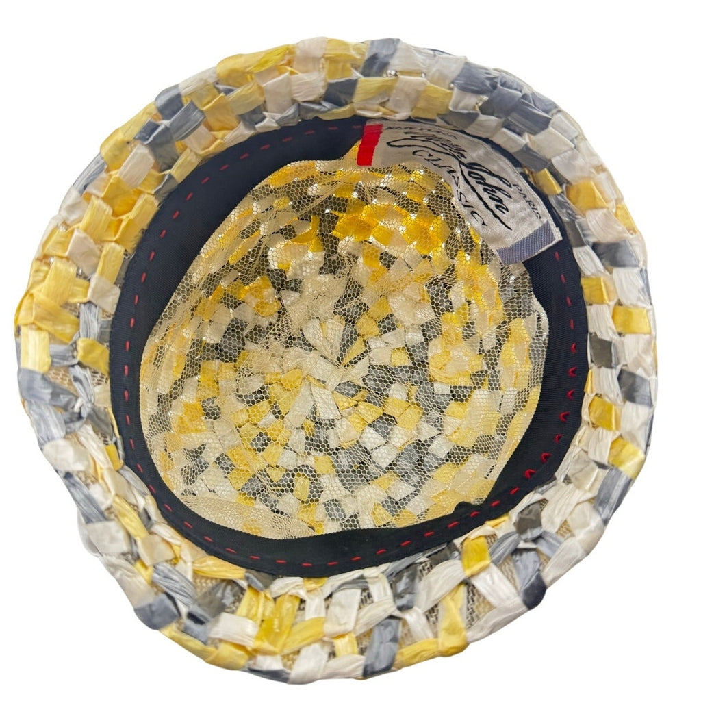 Vintage 1960s Mr John Classic Raffia Bucket Hat Yellow Gray White 7.5