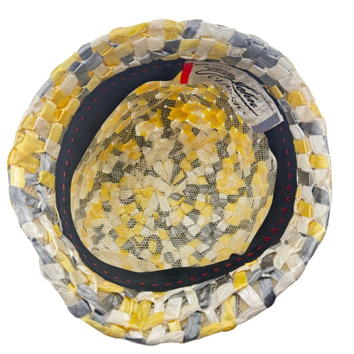 Vintage 1960s Mr John Classic Raffia Bucket Hat Yellow Gray White 7.5