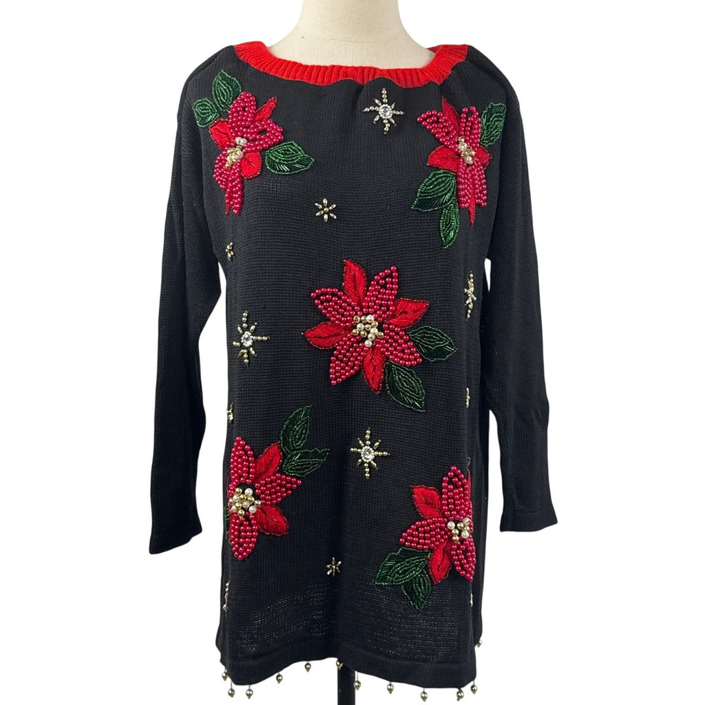 Vintage 80s Black Beaded Poinsettia Christmas Tunic Sweater Women's Large