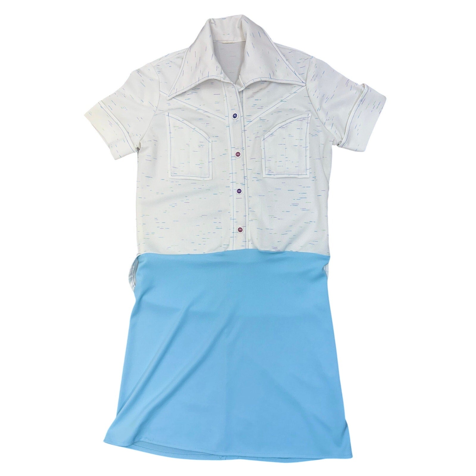 Vintage 70s Mod Colorblock Mini Dress White Blue Polyester Knit Women's Small