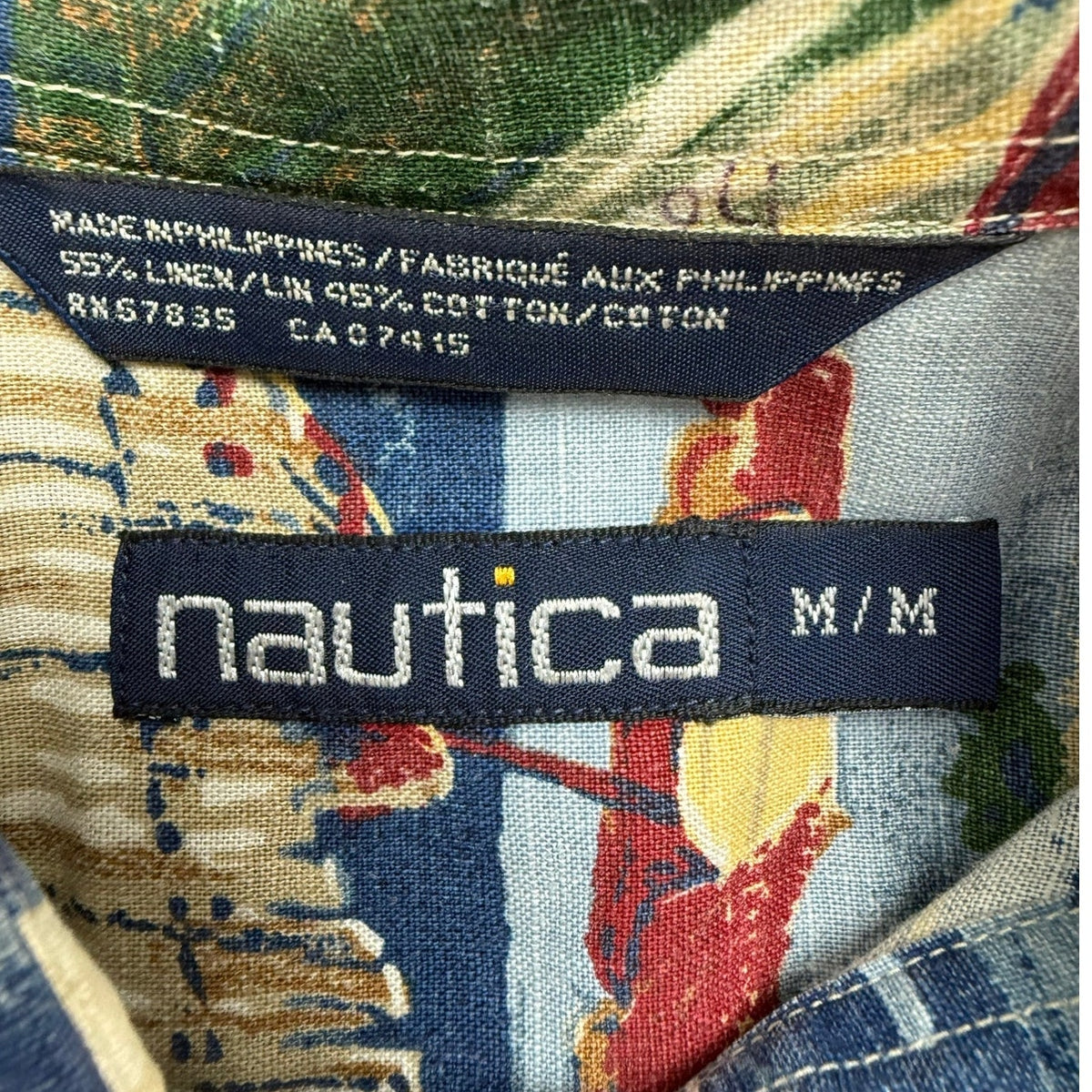 Vintage 90s Nautica Mens Coastal Print Linen Cotton Shirt Mens Medium