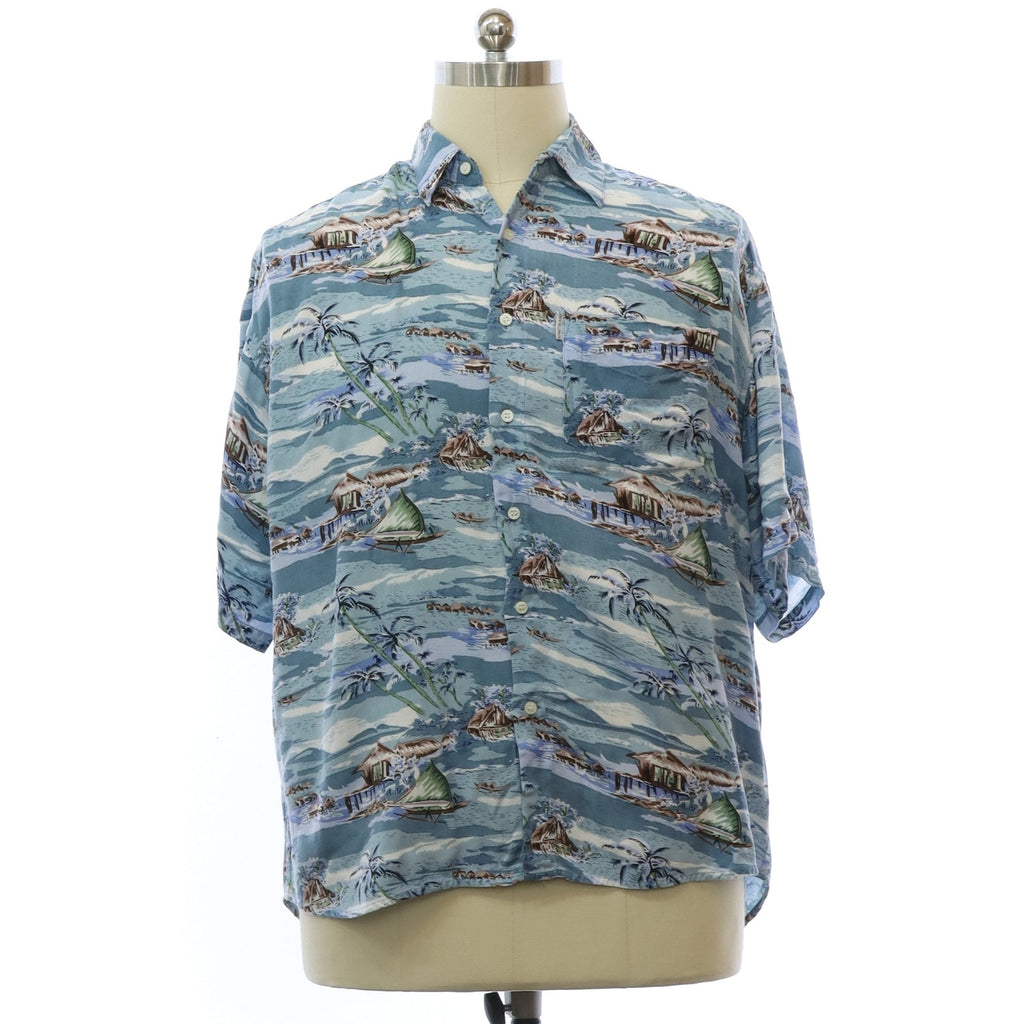 Vintage 90s New Millenium Blue Tropical Rayon Hawaiian Shirt Mens 2XL