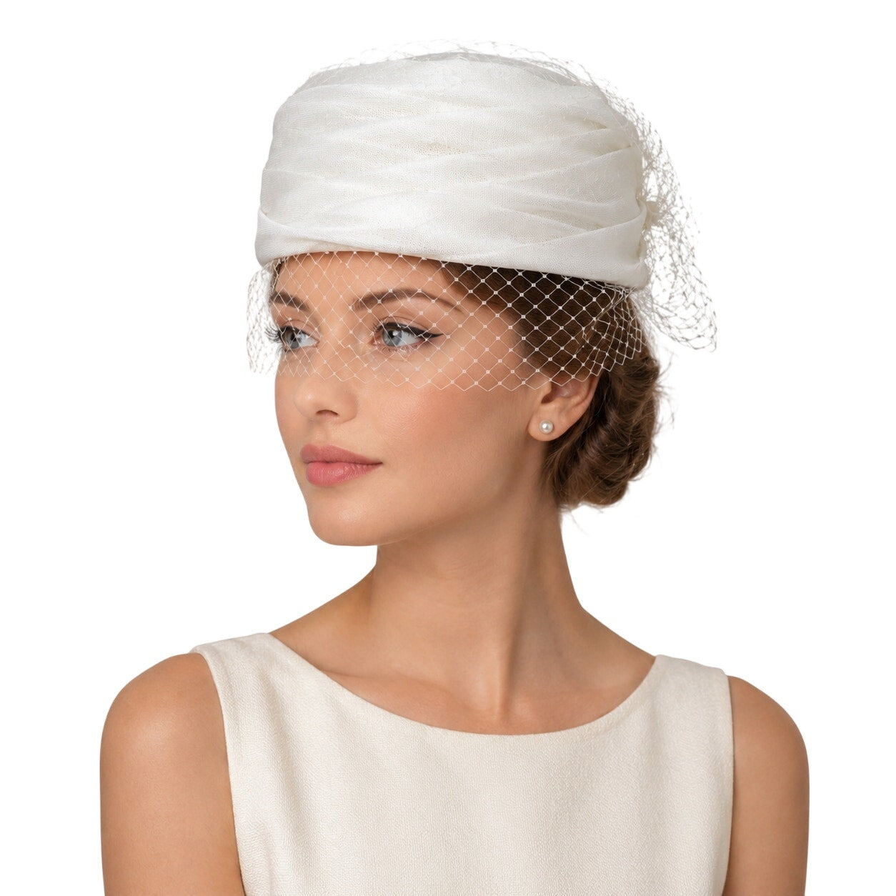 Vintage 1960s White Pillbox Hat Veil Union Label Wedding Formal