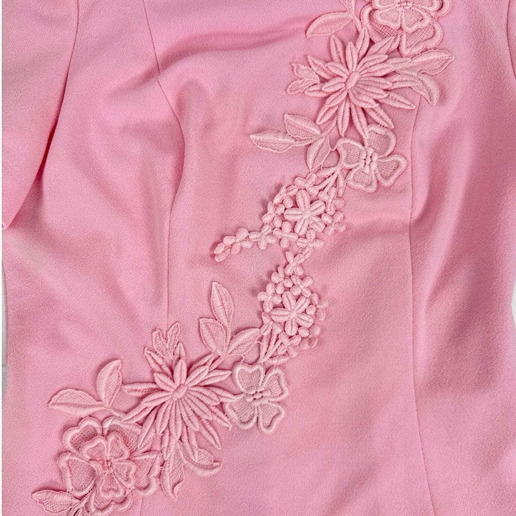 Vintage 70s Henry-Lee Pink Floral Appliqué A-Line Midi Dress Women's Small