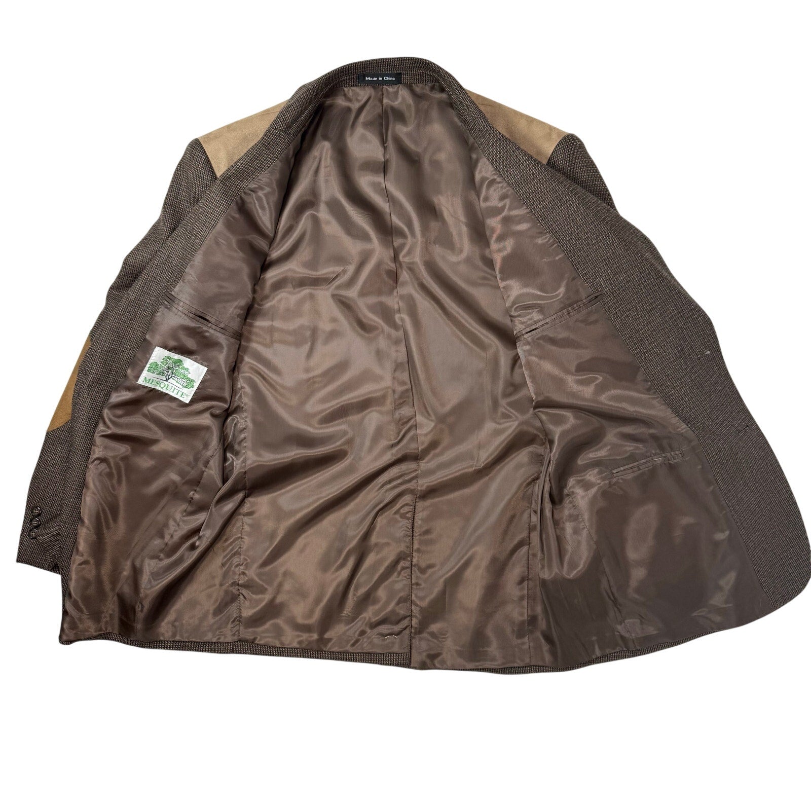 Vintage 90s Men's 44R Tweed Wool Blazer Mesquite Brown Suede Yoke Elbow Patches