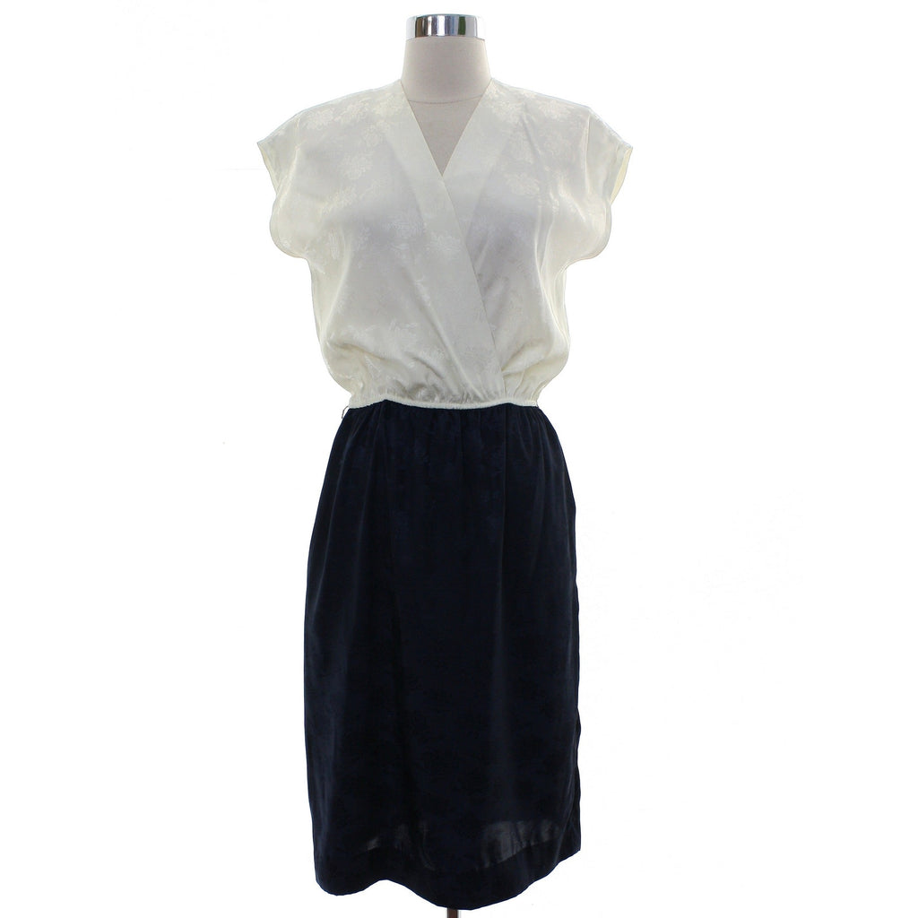Vintage 70s Women's 12 Leslie Fay Petites Navy White Dress Jacket Set USA