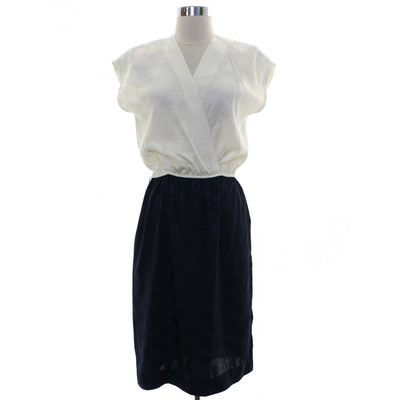 Vintage 70s Women's 12 Leslie Fay Petites Navy White Dress Jacket Set USA