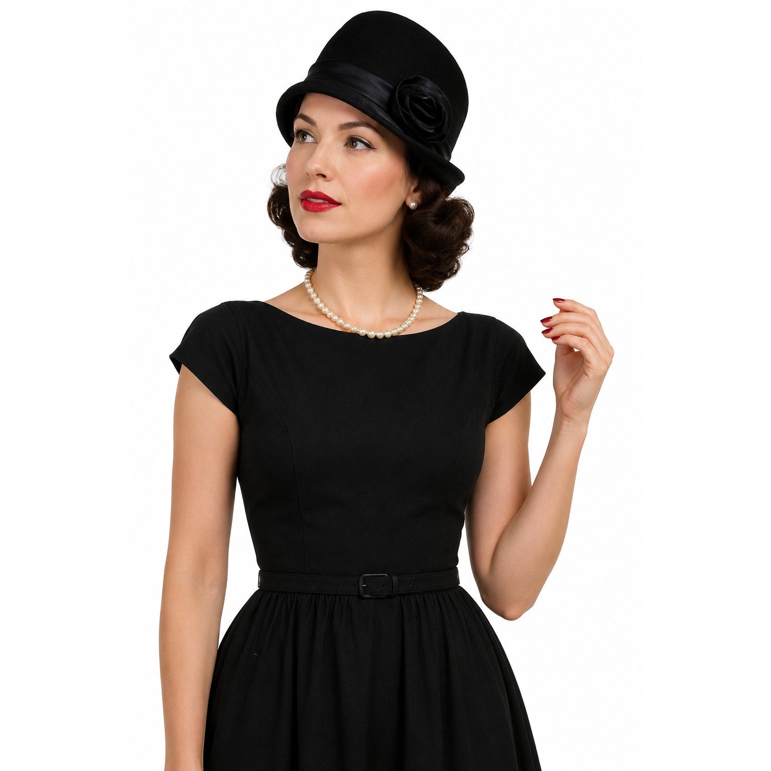Vintage 1950s Black Wool Cloche Hat New York Creations Satin Rose Size 7