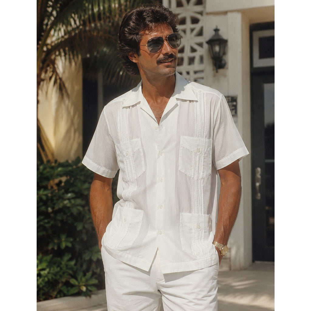 Vintage 80s White Guayabera Shirt Mens XL 4 Pocket Pintuck Mexico