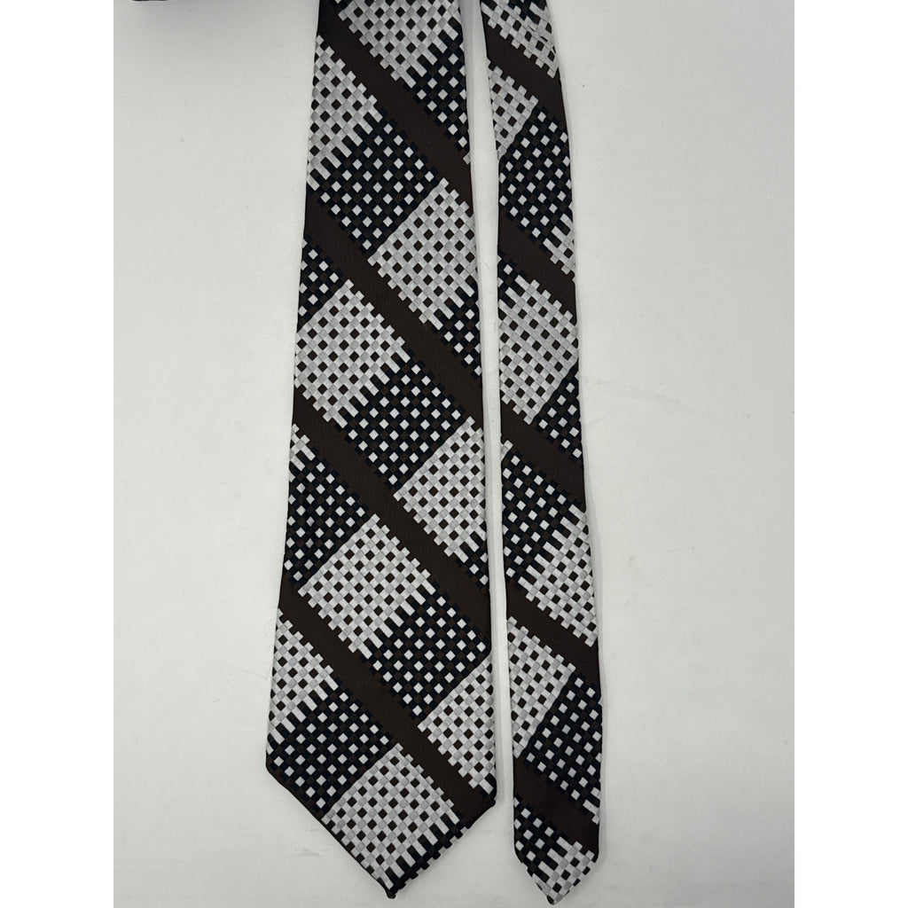 Vintage 70s Mens Wide Disco Necktie Champs Elysee Op Art Check Brown Black White