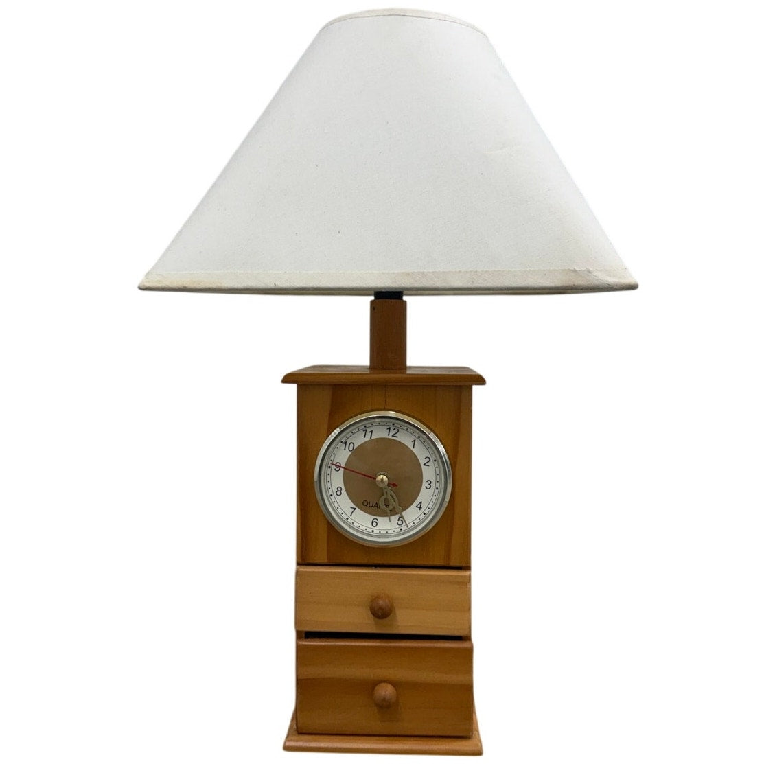 Vintage 80s Wood Lamp Quartz Clock Drawers Honey Tone Nightstand Light