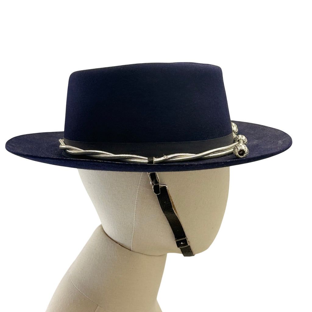 Vintage 5X Beaver Quality Navy Fur Felt Western Fedora Hat Chin Strap