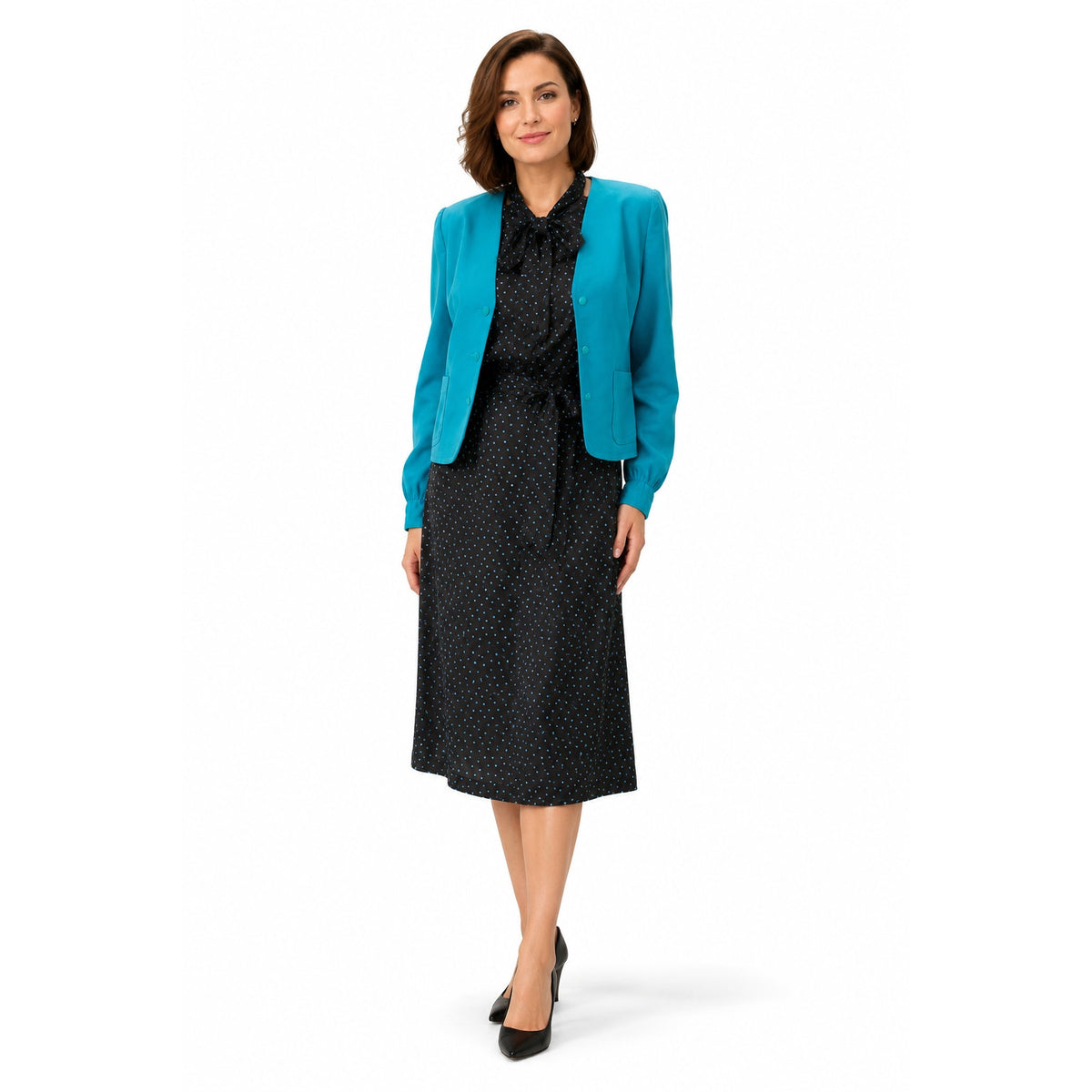 Vintage 80s Black Turquoise Dress Jacket Set Belted Home Sewn Women's Medium