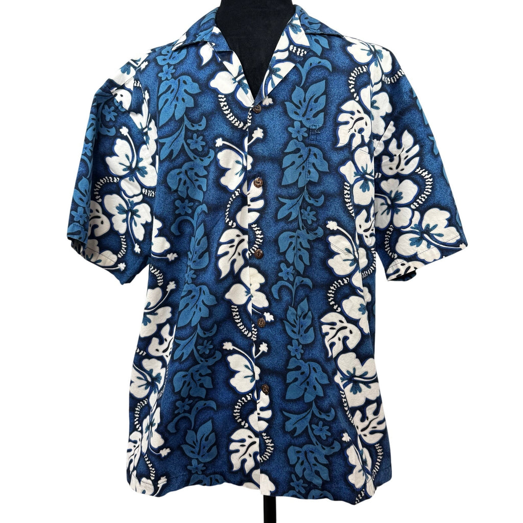 Vintage 80s Men's Medium KY’s Hawaiian Shirt Blue Floral Cotton