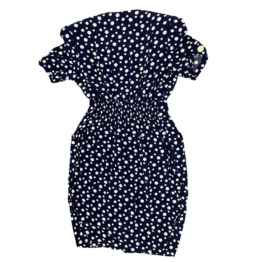 Vintage 80s Women's 14 Karin Stevens Polka Dot Rayon Dress Navy White Tie