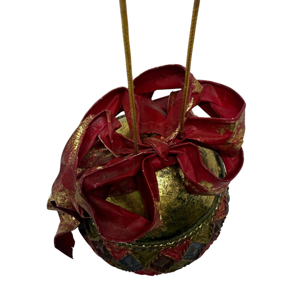 Vintage 90s Harlequin Paper Mache Christmas Ornament Ball with Red Bow