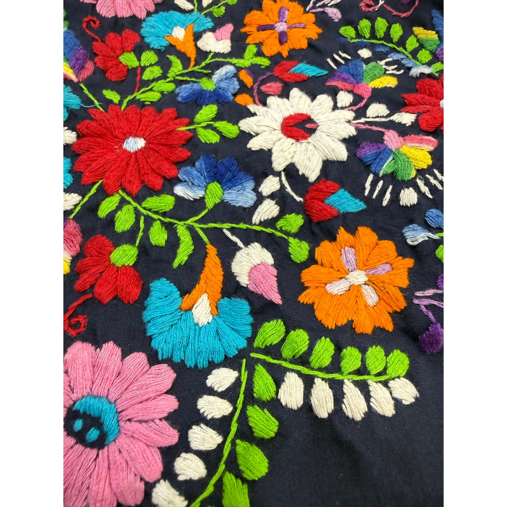 Vintage 70s Huipil Embroidered Floral Navy Cotton Lounge Dress Women's M/L