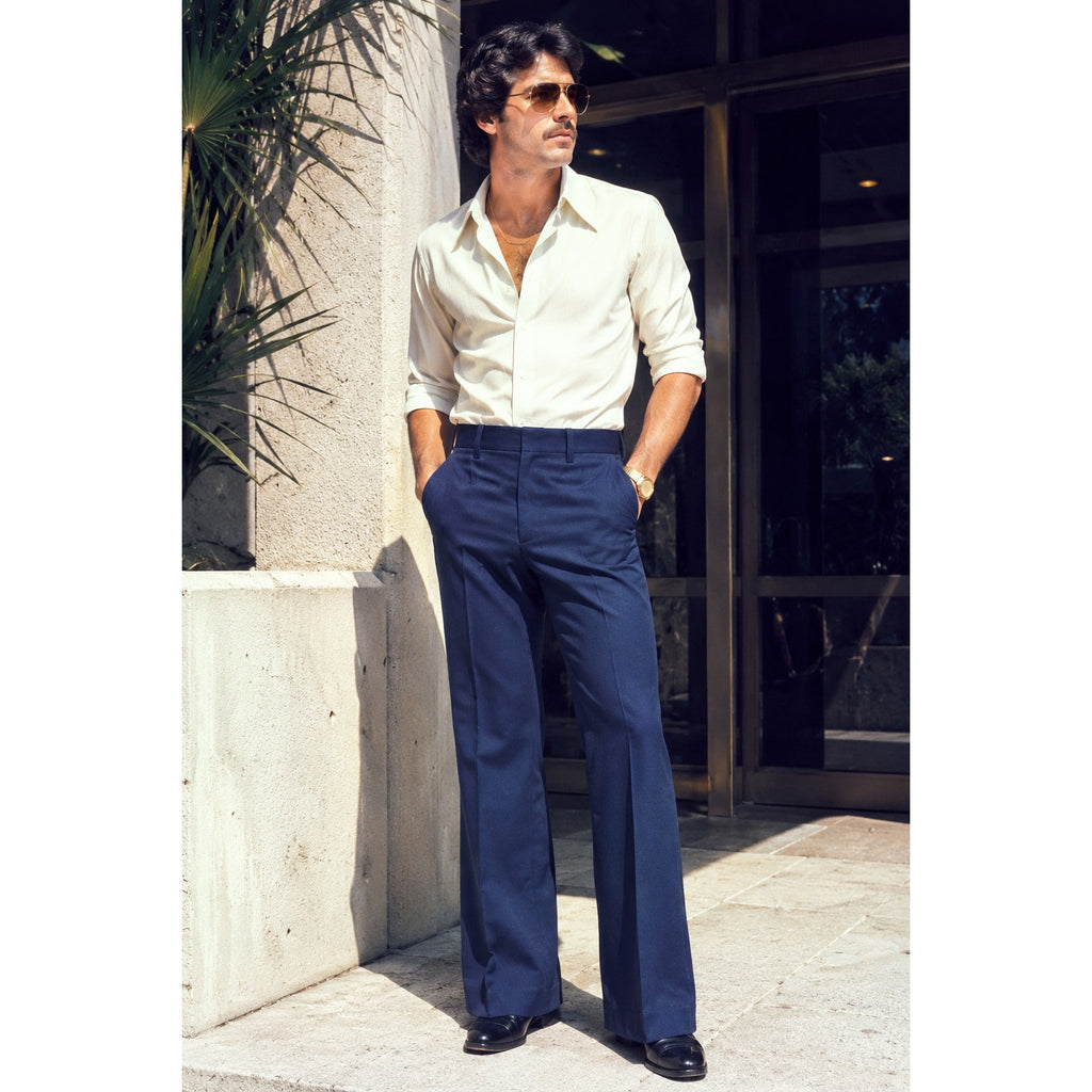 Vintage 80s Men's Medium Disco Slacks Navy Wide Leg Sears Kings Road 30" Inseam