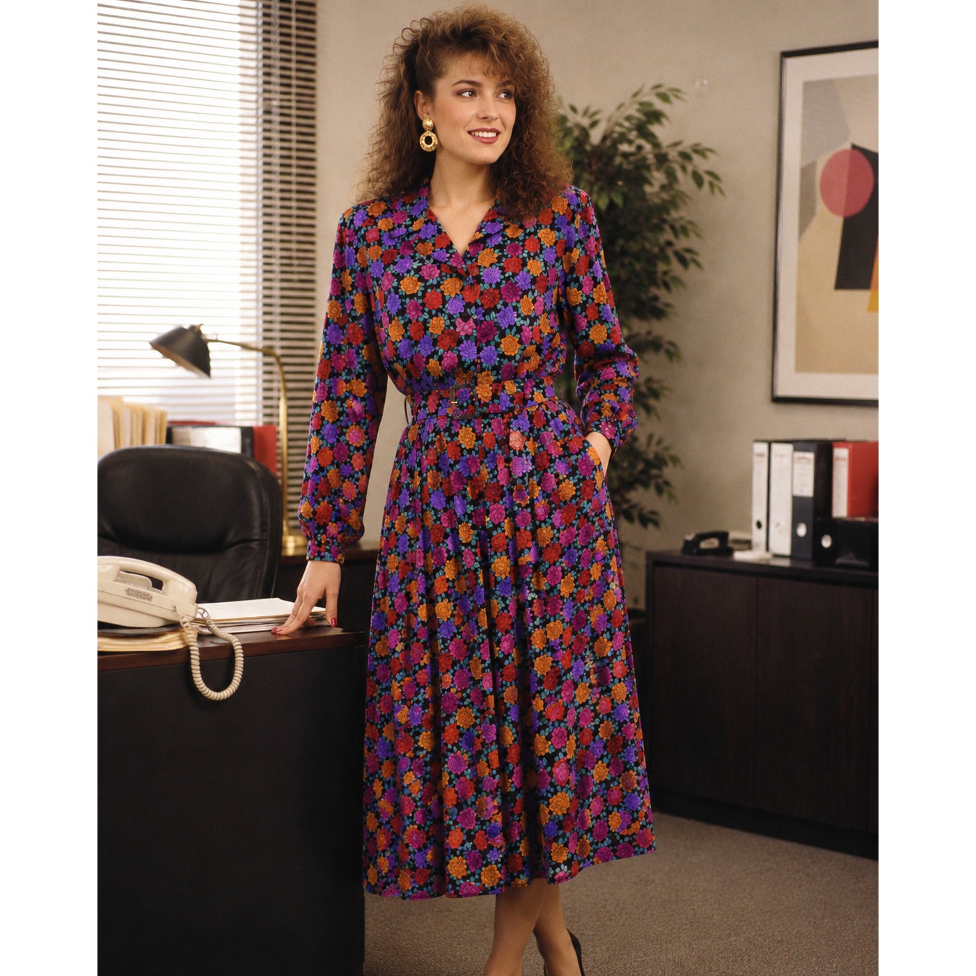 Vintage 80s Liz Claiborne Silk Floral Midi Dress Belted Petite 14 Purple