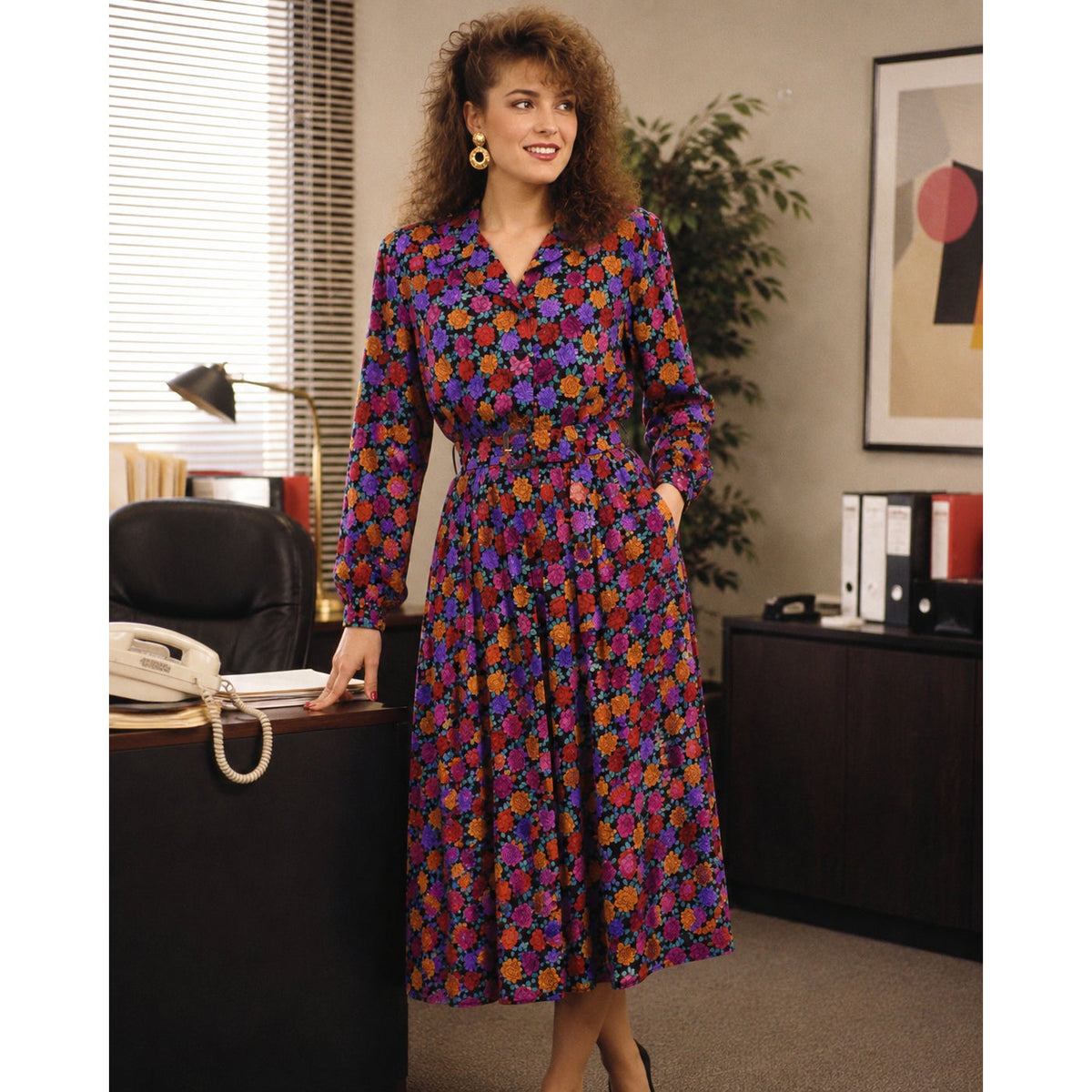 Vintage 80s Liz Claiborne Silk Floral Midi Dress Belted Petite 14 Purple
