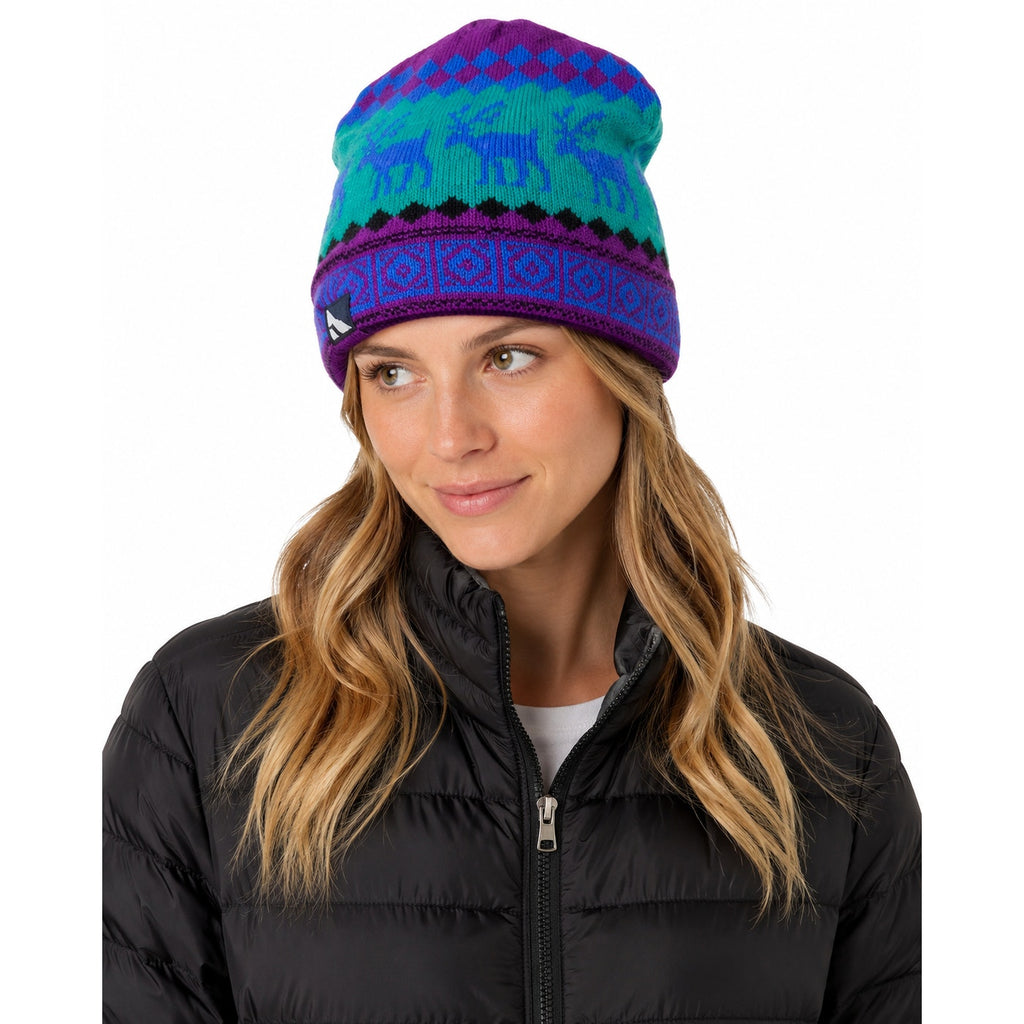 Vintage 90s Columbia Sportswear Wool Fair Isle Beanie Hat Purple Reindeer