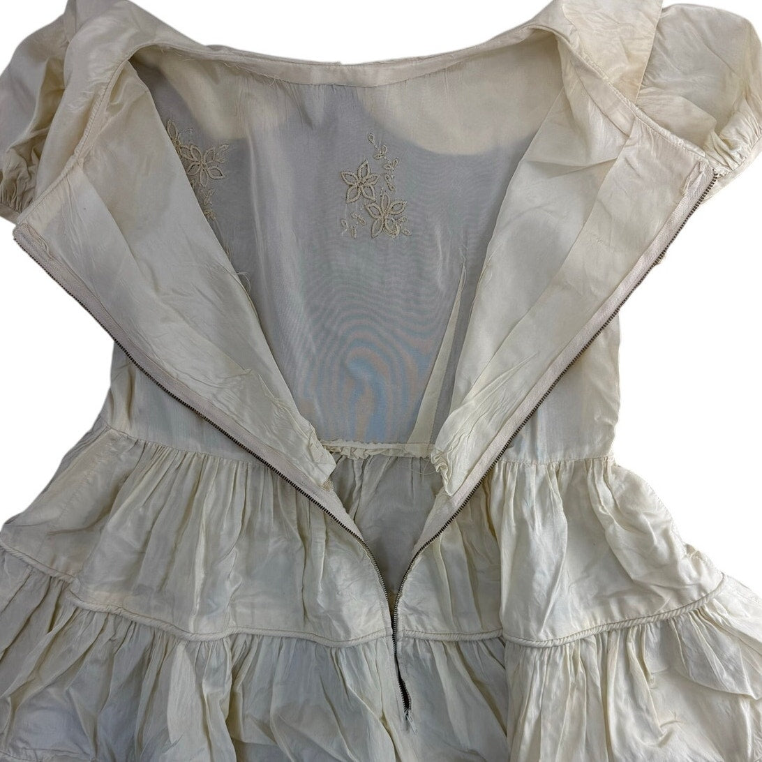 Vintage 60s Ivory Satin Wedding Flower Girl Dress & Slip Home Sewn Girls 12-14